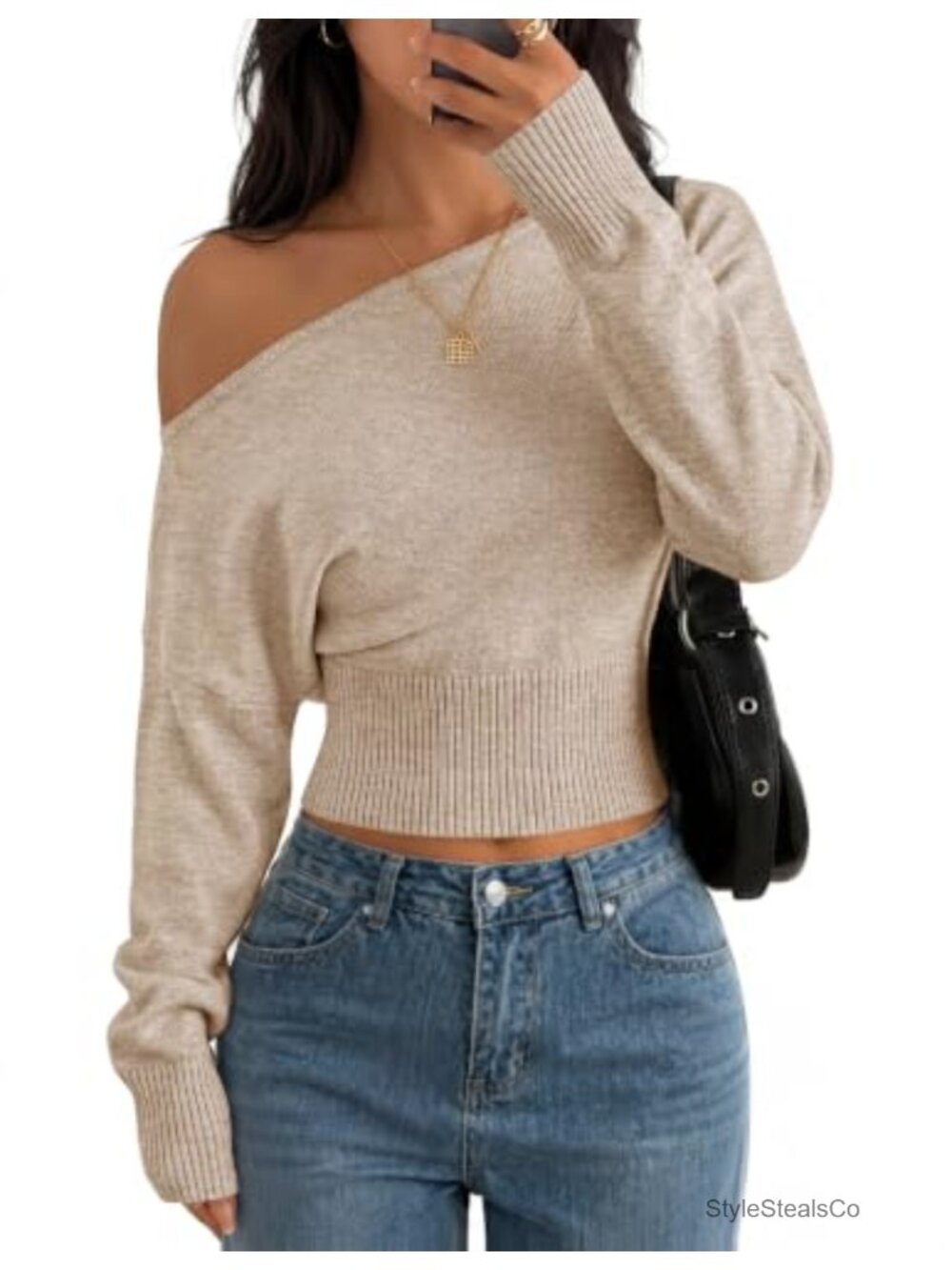 Off Shoulder Cinched Waist Cropped Sweater Puff Long Sleeve